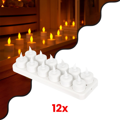79565 КОМПЛЕКТ от 12 декоративни реалистични свещи с LED ефект на движещ се пламък - с вградена батерия - акумулаторна и зареждаща основа Топло бяло