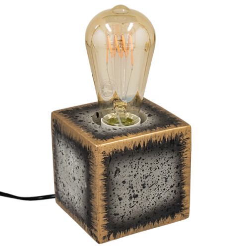 99404 Модерна настолна лампа от естествен цимент Преносима лампа с държач E27 Единичен светлинен куб златисто-черен/сив цимент с 1,8 м кабел